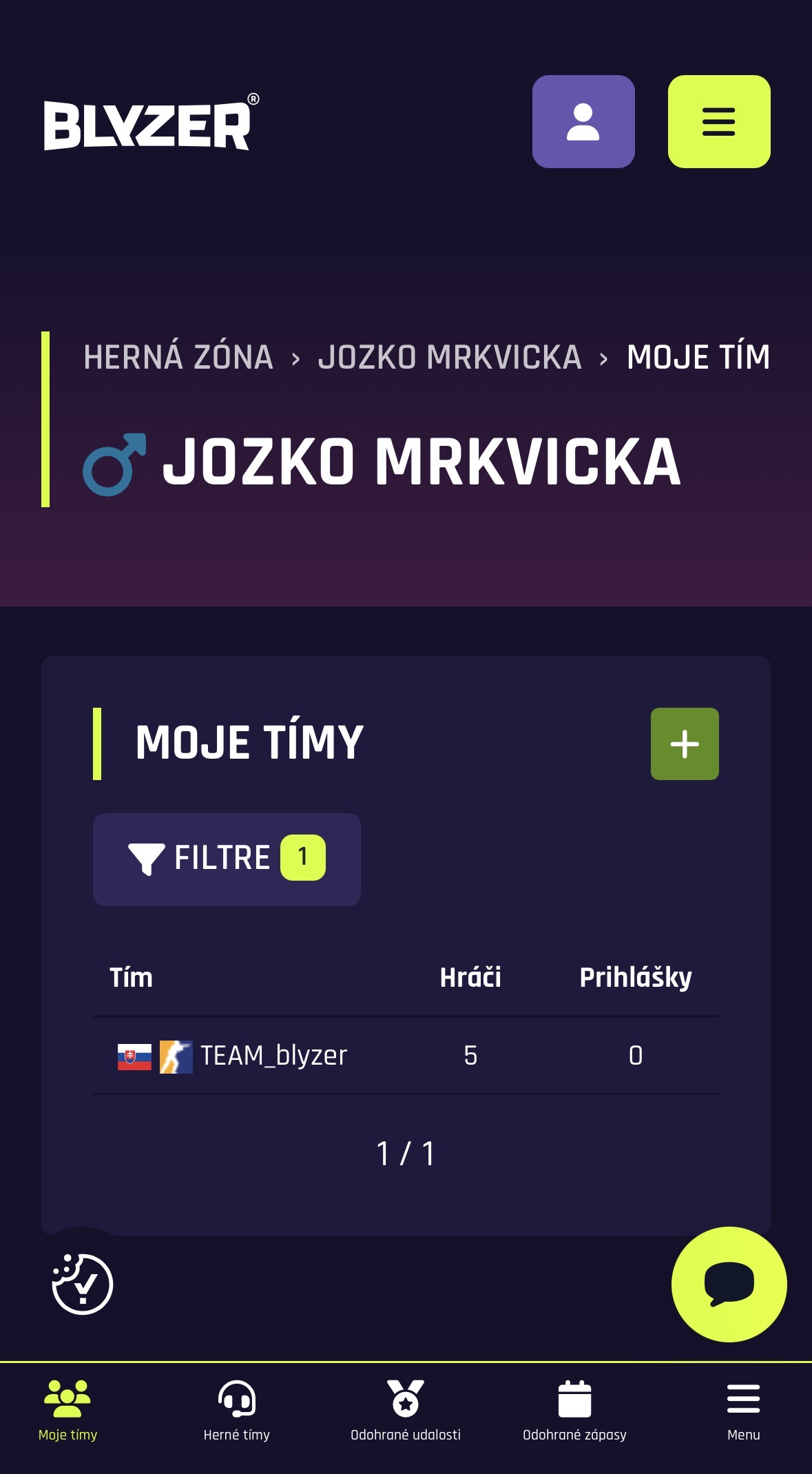 Otvorenie tímu v sekcii Moje tímy
