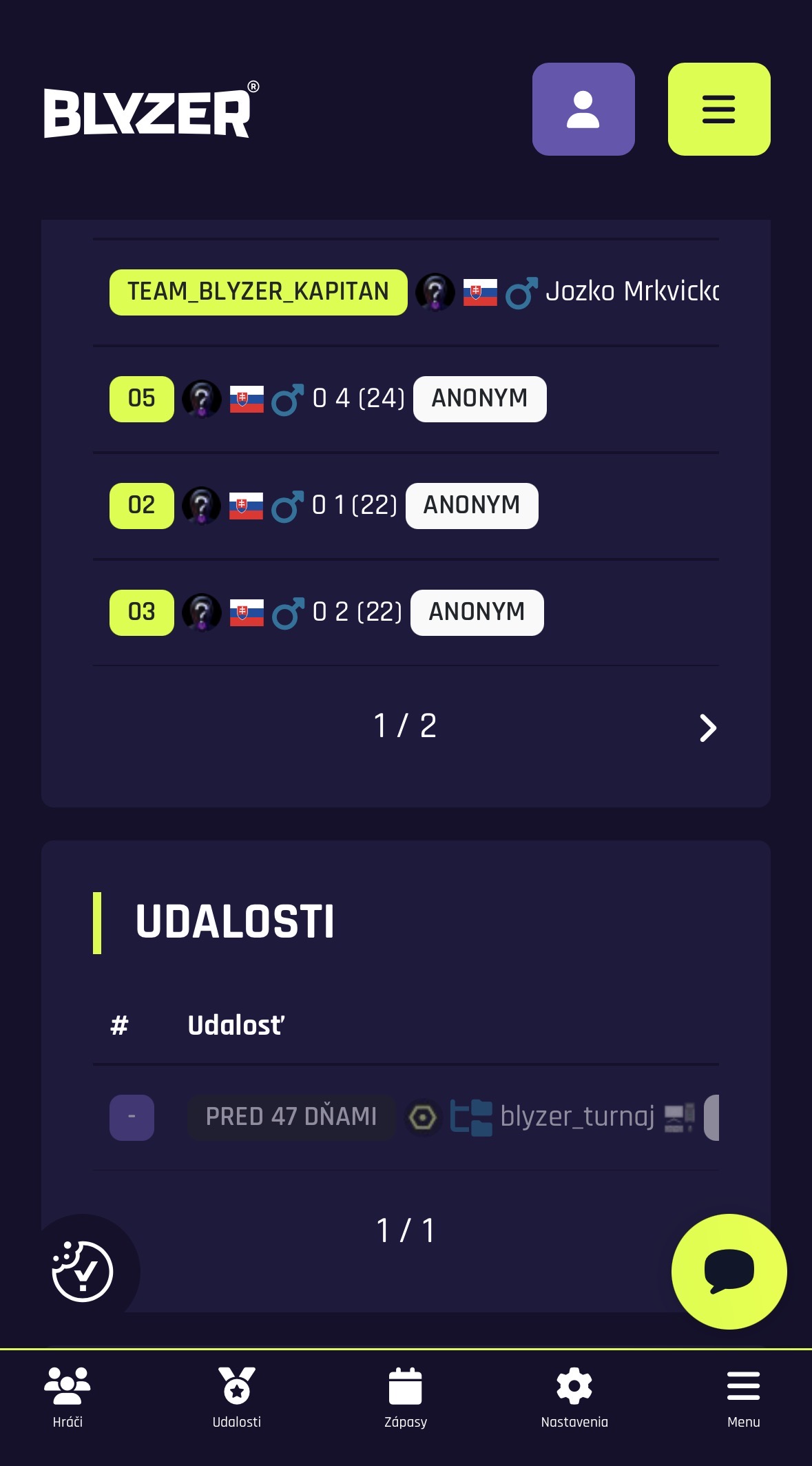 Detail tímu a sekcia udalosti